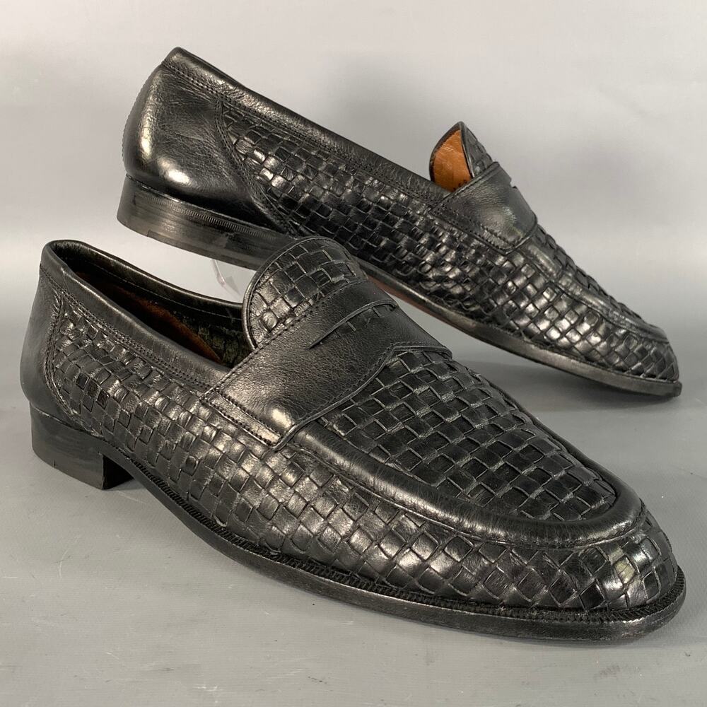 FRATELLI ROSSETTI Size 10 Black Woven Leather Penny Loafers